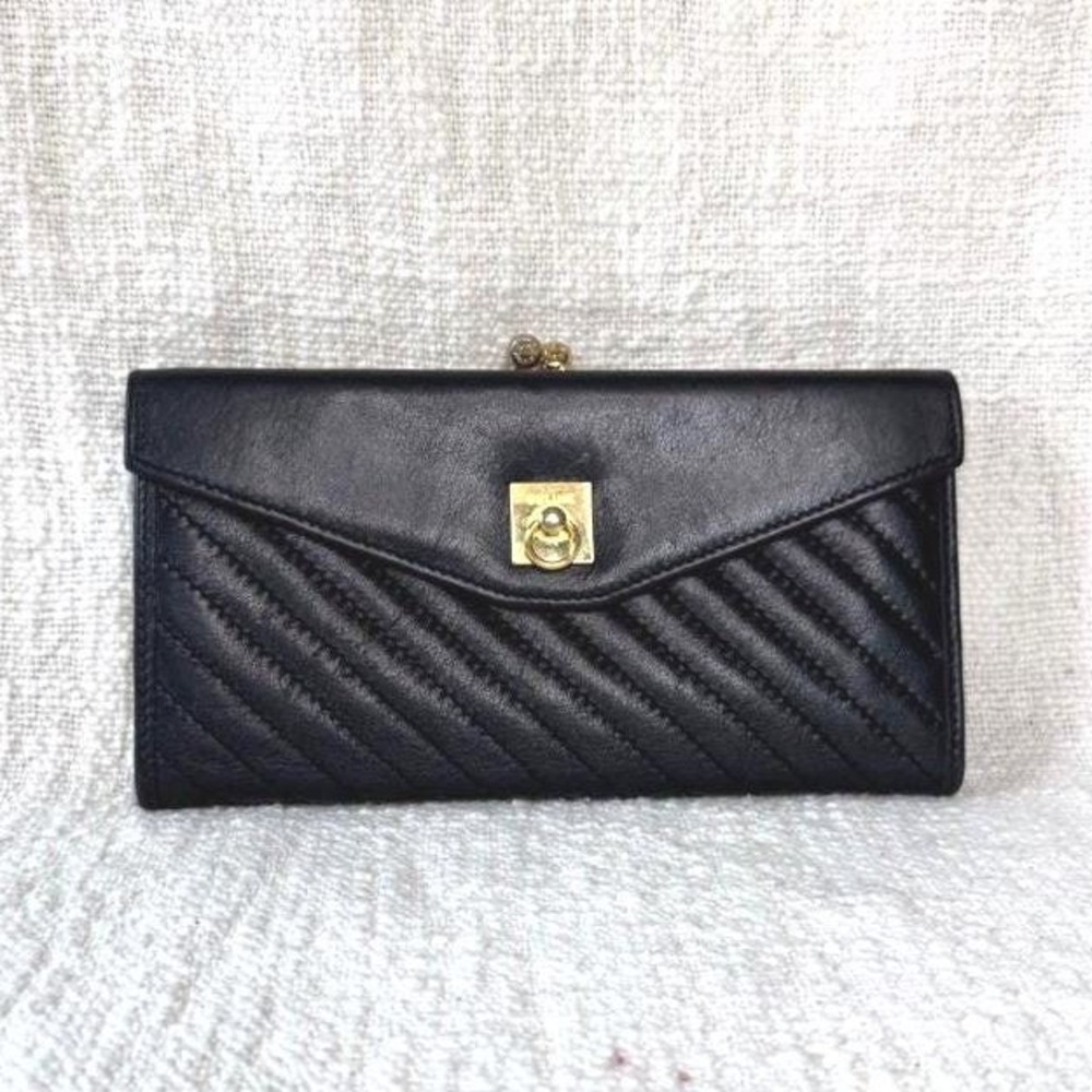 Vintage Celine Paris Black Leather Wallet with Kiss-Lock Coin‎ Purse